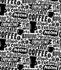 Coffee typography pattern. Seamless black and white pattern ...