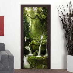 PVC Self-adhesive Door Sticker 3D Green Forest Waterfall Living Room Study Door Waterproof Stickers (3D Forest River Landscape Self-Adhesive Door Stickers)