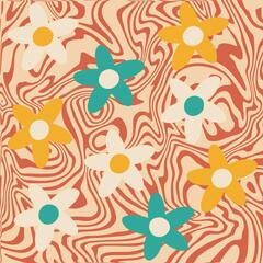 Abstract retro hypnotic wavy background with groovy daisy flowers