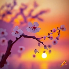 Cherry blossom tree branch at sunset on Craiyon