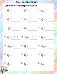 Convert Mixed fractions to Improper fractions worksheets - Math