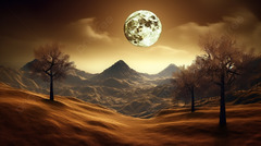 Enchanting 3d Landscape Golden Mountains Trees Moon And ...