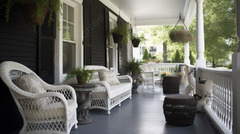 Porch With Wicker Furniture And Potted Plants Background, Front ...