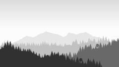 Silhouette landscape with fog, forest, pine trees, mountains. Illustration of national park view, mi