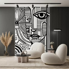 Black and white drawing of a woman's face ( For Walls Abstract Face s)